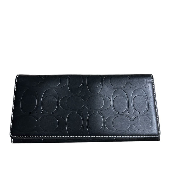 Coach Embossed Bi-Fold Black Leather Wallet with White Stitching